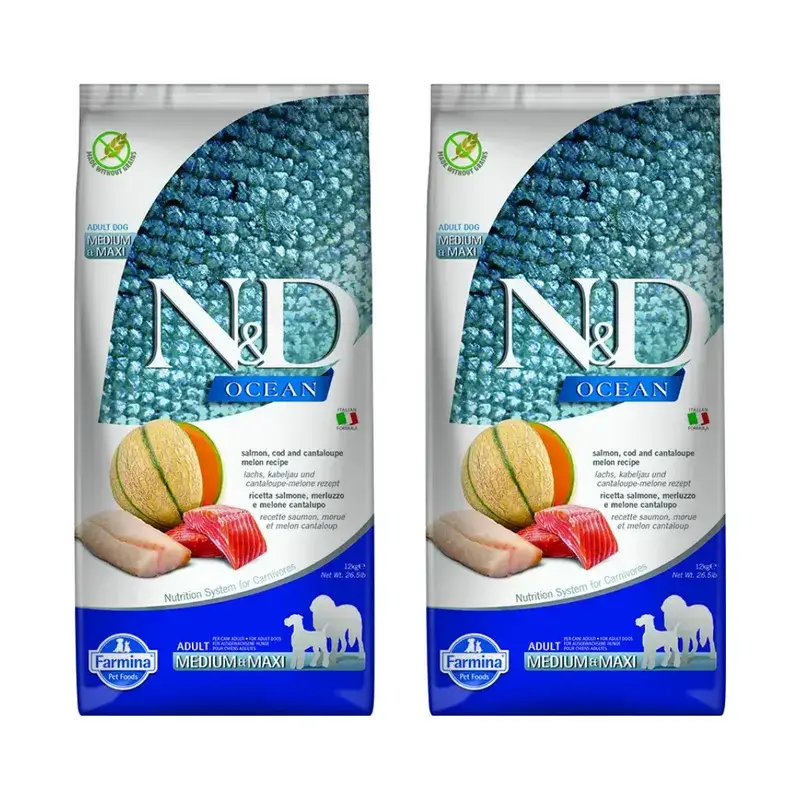 Farmina N&D Dog Ocean Salmon Bacalao Medium Maxi 12Kg, Pienso Para Perros, Pack De 2