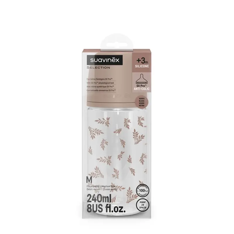Suavinex Biberón Vidrio 240 Ml, Flujo Medio (M), +3 Meses, Poetry Beige - Image 3