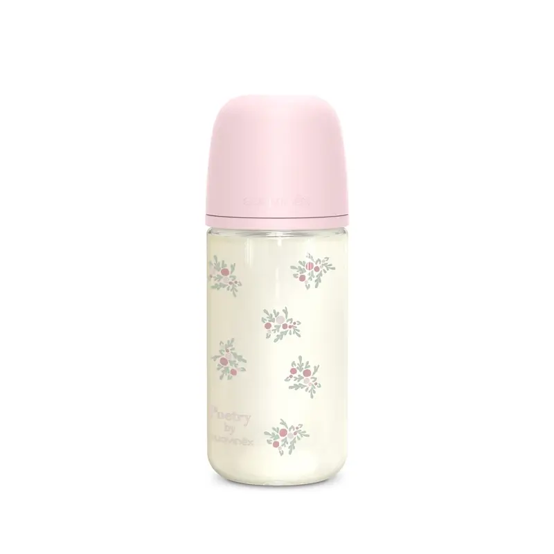 Suavinex Biberón Vidrio 240 Ml, Flujo Medio (M), +3 Meses, Poetry Rosa